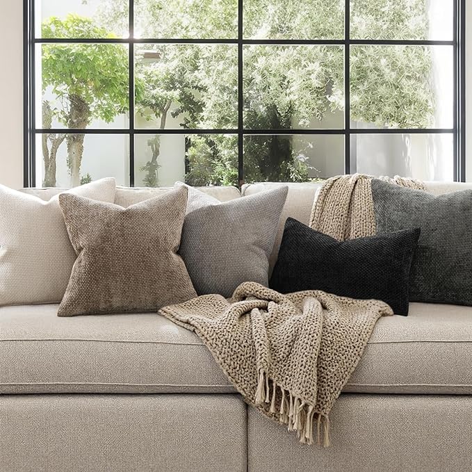 MIULEE Pack of 2 Couch Throw Pillow Covers 16x16 Inch Neutral Khaki Modern Boho Accent Decorative Pillow Covers Soft Chenille Farmhouse Cushion Covers for Home Decor Bed Sofa Living Room