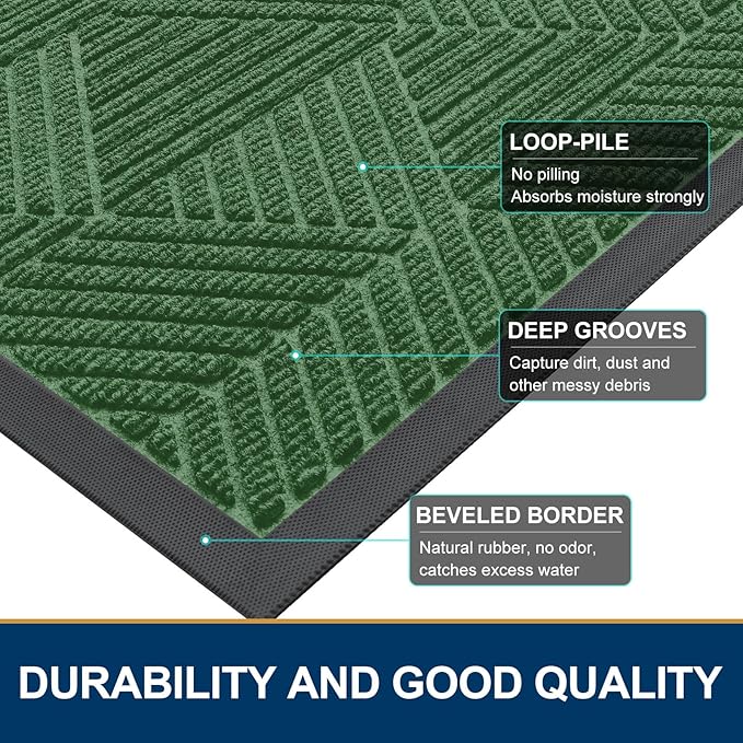 Smiry Front Door Mat Outside Entrance, Heavy Duty Sturdy Natural Rubber Doormat, Trap Dirt and Moisture, Easy Clean Low Profile Welcome Floor Mats for Indoor Outdoor Entry, 71x23 Inch, Green