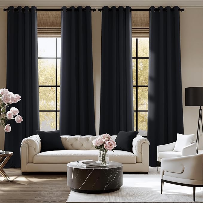 NICETOWN Black Out Curtains for Bedroom Living Room 80 Inches Long, 2 Panels, 52" W, Black, 3 Pass Microfiber Noise Reducing Thermal Insulated Solid Ring Top Blackout Window Drapes
