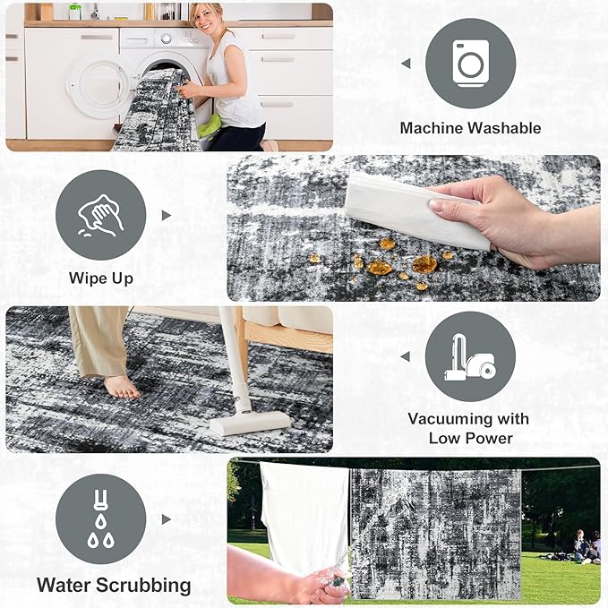 Area Rugs Living Room Rug - 5x7 Washable Modern Abstract Soft Neutral Non-Slip Carpet Large Indoor Floor Thin Carpets for Bedroom Dining Room Farmhouse Nursery Home Office Black
