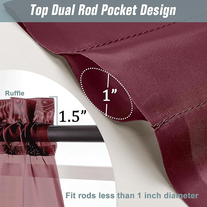 Burgundy Sheer Curtains for Windows 108 inches Long 2 Panels Set, Soft Lightweight Light Filtering Drapes for Living Room Bedroom, Dual Rod Pocket Sheer Curtains, 2x42Wx108L inches