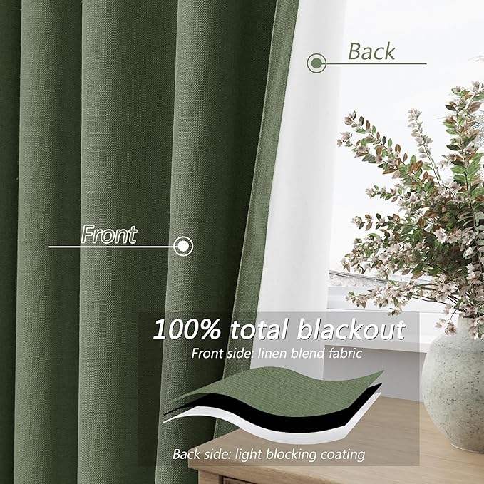 Guken Olive Green 100% Blackout Curtains 108 Inch Length 2 Panels Set for Living Room Bedroom Back Tab Thermal Insulated Black Out Linen Drapes Room Darkening Window Curtains 52x108