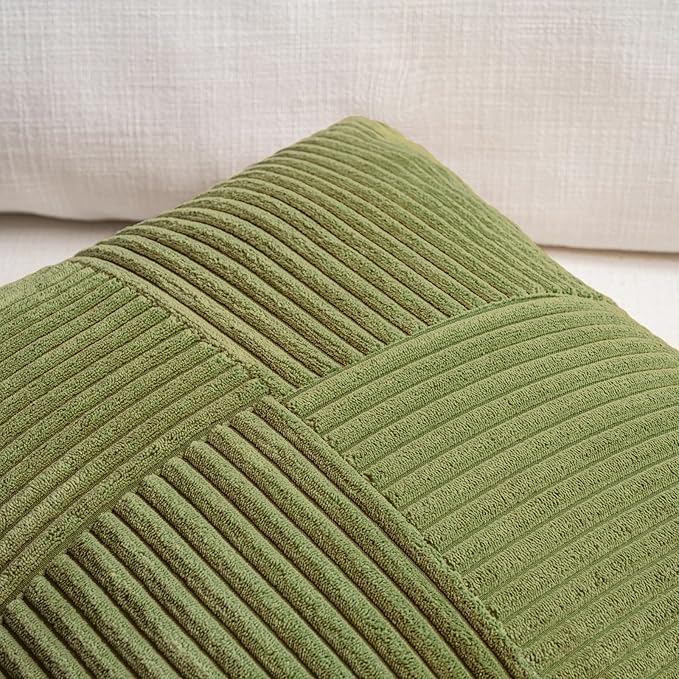 Fancy Homi 2 Packs Moss Green Long Lumbar Decorative Throw Pillow Covers 16x24 Inch for Couch Bed Sofa, Rustic Farmhouse Boho Home Decor, Soft Striped Corduroy Rectangle Accent Cushion Case 40x60 cm
