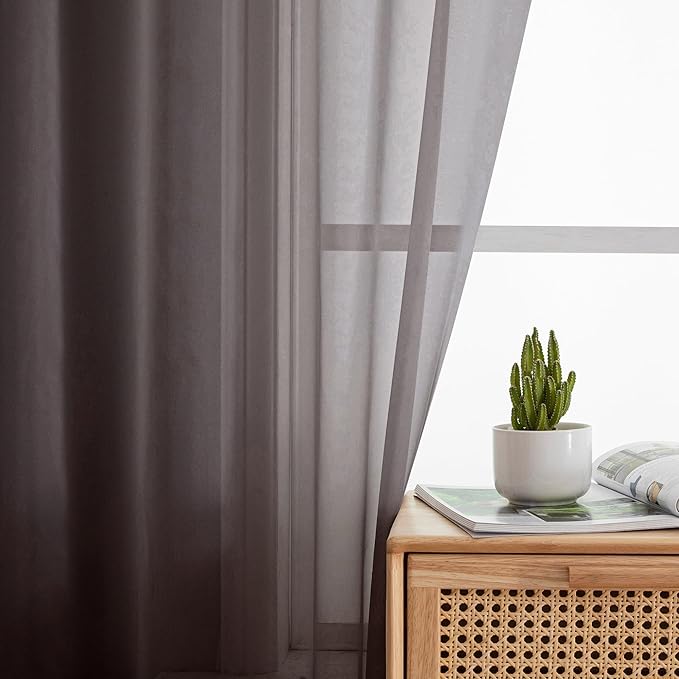 Simplebrand Chocolate Short Sheer Kitchen Curtains 36 Inch Length Tier Rod Pocket Cafe Drapes Half Window for Bathroom Small Windows 42 x 36 Inch, 2 Panels