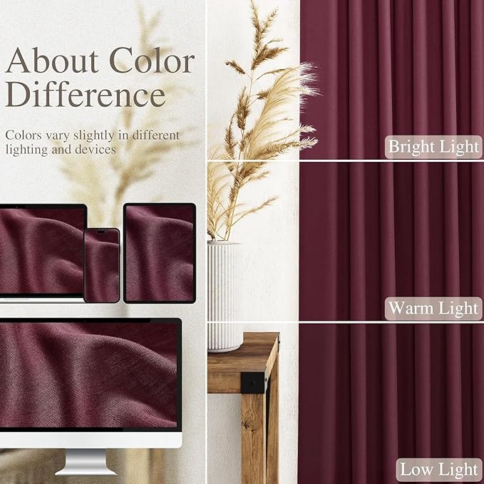 Nanspring Burgundy Linen Curtains for Living Room 100 Inches Long Light Filtering Semi Sheer Curtain Back Tab Vintage Boho Decor Elegant Luxury Drapes for Bedroom Dinner Room 52x100, 2 Panels
