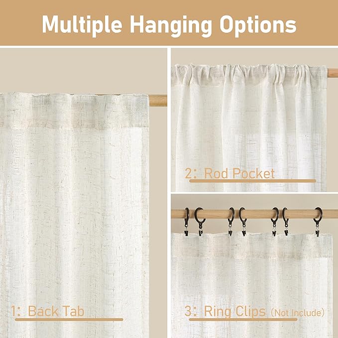 LAMIT Cream Linen Kitchen Curtains 30 Inch Length, Semi Sheer Light Filtering Window Panels Back Tab and Rod Pocket Drapes for Basement/Small Windows, 34 x 30 Inch, 2 Panels