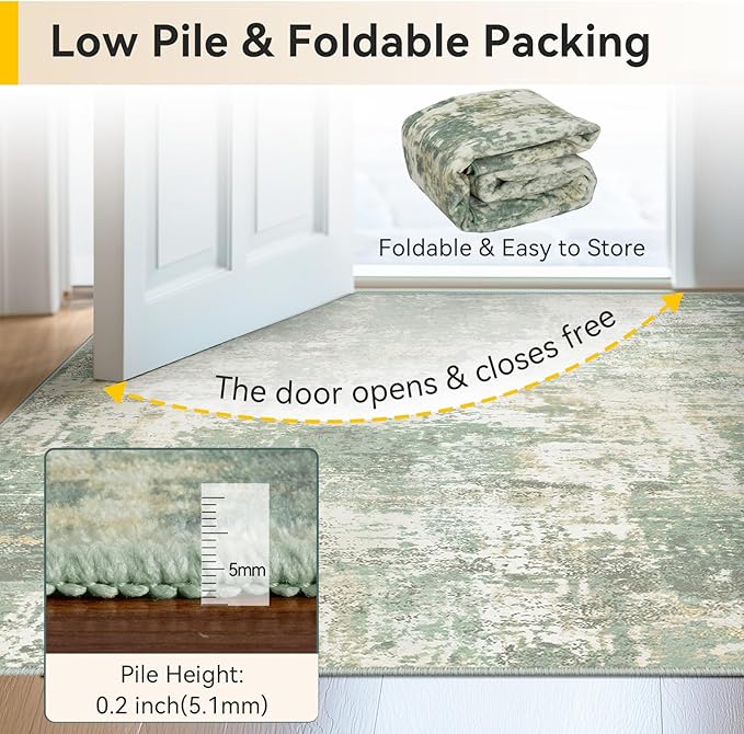 Washable Area Rugs 5'x7' Non-Slip Modern Abstract Soft for Living Room Entryway Bedroom Nursery, Print Pattern, Light Green/Yellow