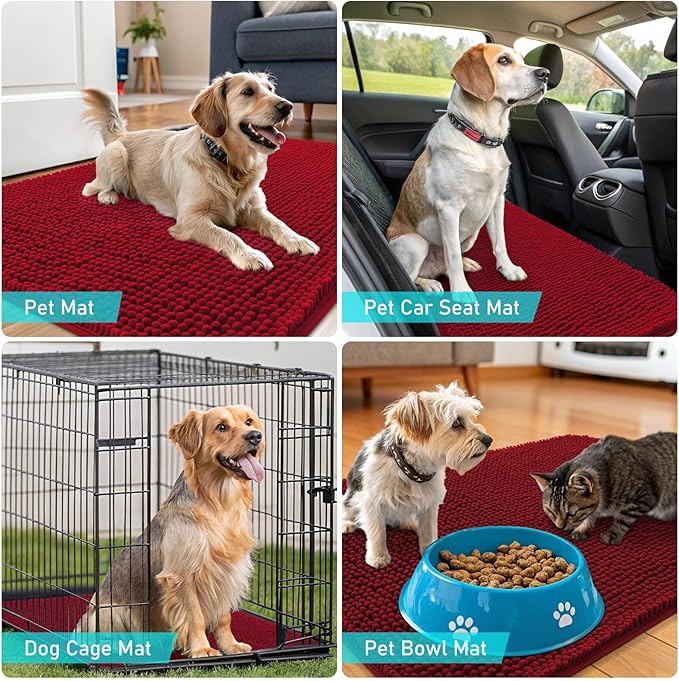 OLANLY Dog Door Mat for Muddy Paws 34x21, Absorbs Moisture and Dirt, Absorbent Non-Slip Washable Doormat, Quick Dry Chenille Mud Mat for Dogs, Entry Indoor Entryway Carpet for Inside Floor, Red