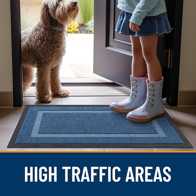 OLANLY Front Door Mat Indoor Outdoor Entrance, Waterproof All-Season, All-Weather Doormat, Sturdy Natural Rubber, Fade Resistant, Low Profile, Easy Clean Patio Porch Entryway Mat, 59x30, Light Blue