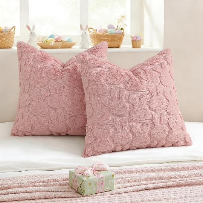 decorUhome Easter Bunny Pillow Covers 18x18 Inch Set of 2, Soft Plush Faux Wool Jacquard Pink Rabbit Cushion Covers, Farmhouse Neutral Spring Easter Holiday Decor for Couch Sofa Bed