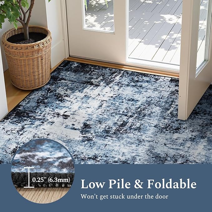 Rugflix Round Area Rugs 8Ft for Living Room, 8x8 Washable Rug Stain-Resistant Low Pile, Modern Dark Carpet for Dining Room Home Office Kid Room Nursery Bedroom, Navy Blue/Black