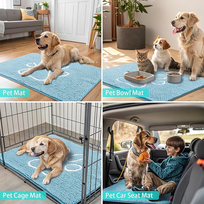 Smiry Dog Door Mat for Muddy Paws, Absorbent Dirt Trapper Non Slip Quick Dry Washable Chenille Mat for Mud Dogs, Entry Rug for Indoor and Outdoor (36x24 Inches, Sky Blue and White)