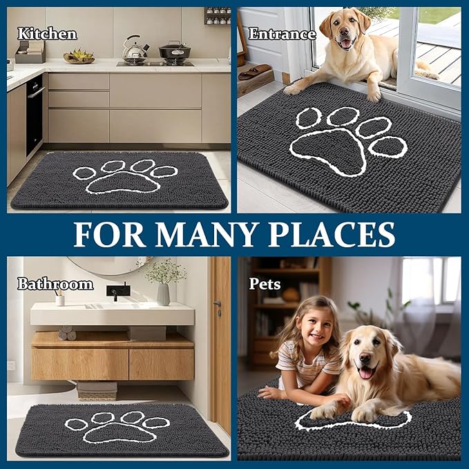 OLANLY Dog Door Mat for Muddy Paws 70x35, Paw Print Design, Absorbs Moisture and Dirt, Absorbent Non-Slip Washable Doormat, Quick Dry Chenille Mud Mat for Dogs, Entry Indoor Entryway Carpet, Dark Grey