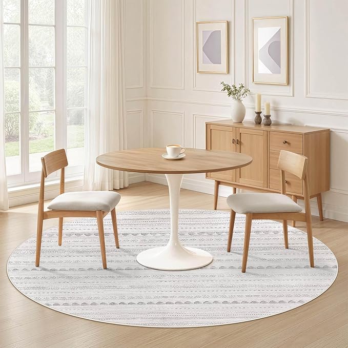Nakagishi Round Rug Boho Area Rugs: 4x4 Washable Large Circle Neutral Soft Stain Resistant Non-Slip Carpet for Women Aged 25-45 Farmhouse Decor Enthusiasts - Living Room Bedroom Dining Room Nursery