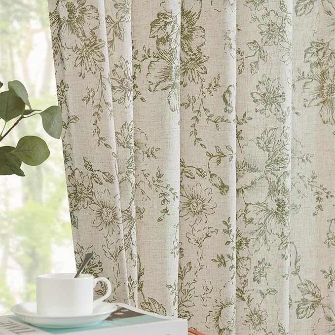 jinchan Linen Blend Floral Curtains for Living Room 108 Inch Length Farmhouse Printed Curtain Rod Pocket Back Tab Sage Green Peony Flower Patterned Drapes Bedroom Curtains Set 2 Panels