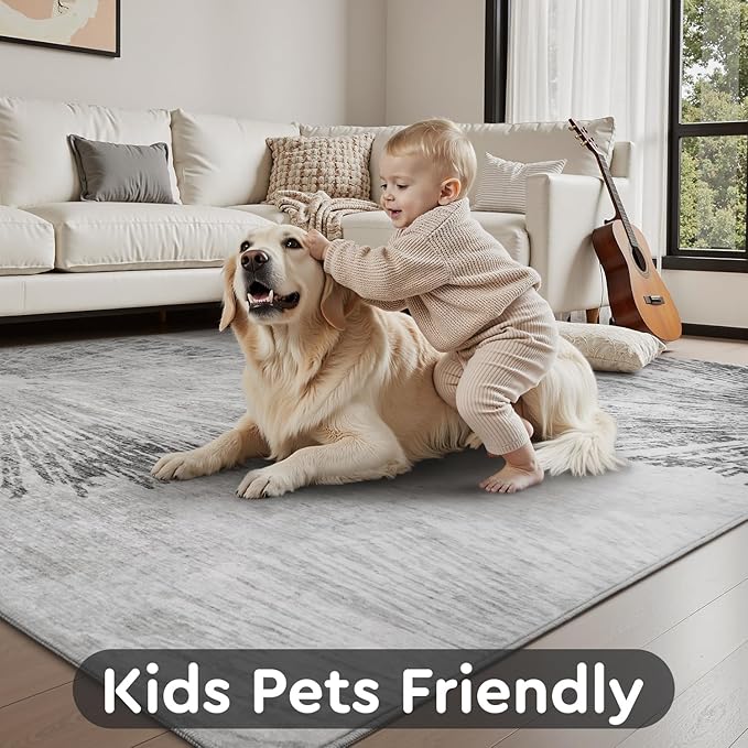 8x10 Area Rugs for Living Room-Machine Washable Rug Ultra Soft Non Slip Area Rug Modern Abstract Dahlia Indoor Carpet Rugs for Bedroom Dining Room Playroom Nursery Bedside Office, Grey