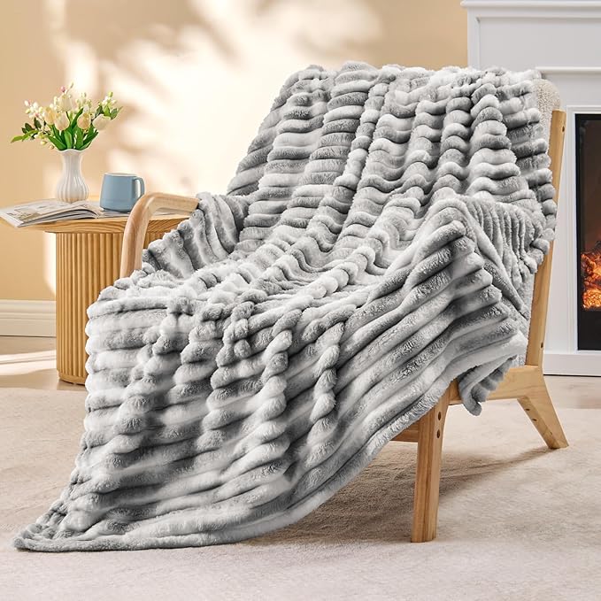 BEDELITE Fleece Throw Blanket for Couch - 300GSM Soft & Warm Fluffy Tie-dye Grey Blanket, Decorative and Giftable Striped Blankets for Women, Men, 50"x60"