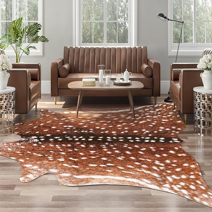 AROGAN Premium Deer Print Rug 6.2x7 Feet, Machine Washable Faux Fur Rug, Non-Slip Animal Print Hide Deer Skin Area Rug for Bedroom Living Room Home Decor