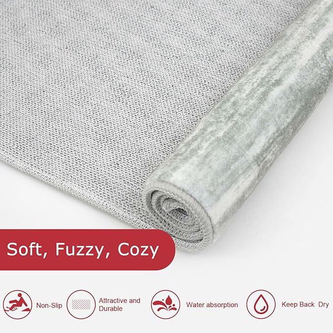 KOZYFLY Modern Abstract Runner Rugs 2x6 Grey Green Machine Washable Area Rug for Bedroom Non-Slip Living Room Rug, Faux Wool Soft Low Pile Office Carpet for Dining Room, Bedroom, Kitchen Bathroom
