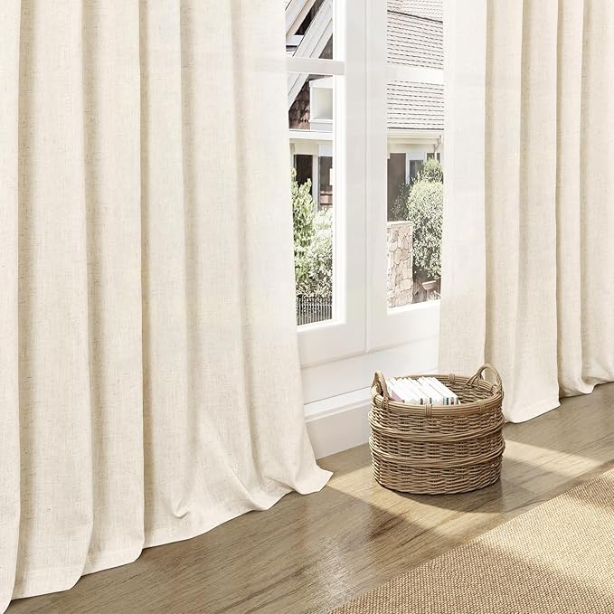 Warm Beige Linen Curtains 90 Inch Long 2 Panels Set for Bedroom Living Room Linen Textured Window Drapes Semi Sheer Light Filtering Rod Pocket Back Tab Cotton Textured Farmhouse Curtain 52x90
