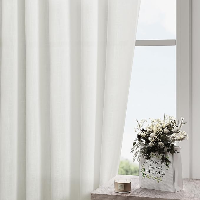 Ivory Linen Curtains 108 Inches Long 2 Panels Set Back Tab Rod Pocket Semi Sheer Cotton Textured Light Filtering Extra Long Curtain Farmhouse High Ceiling Curtains for Living Room 9Ft 40x108