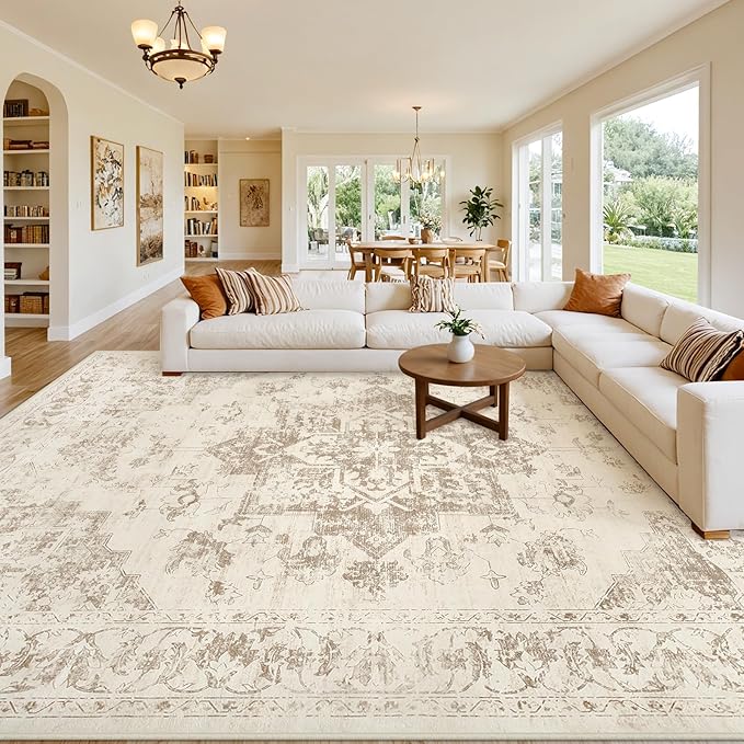 8x10 Area Rugs for Living Room: Vintage Boho Neutral Washable Rug Indoor Soft Large Area Rug Carpet for Bedroom Nursery Farmhouse Dining Room Office Floor Non-Slip Low Pile Under Table Rug Beige/Ivory