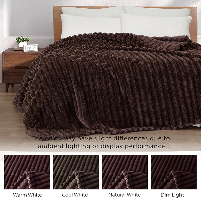 Exclusivo Mezcla Twin Size Flannel Fleece Blanket, Super Soft Striped Jacquard Bed Blanket, Lightweight Fuzzy Cozy for All Seasons, 60x80 Inches, Coffee
