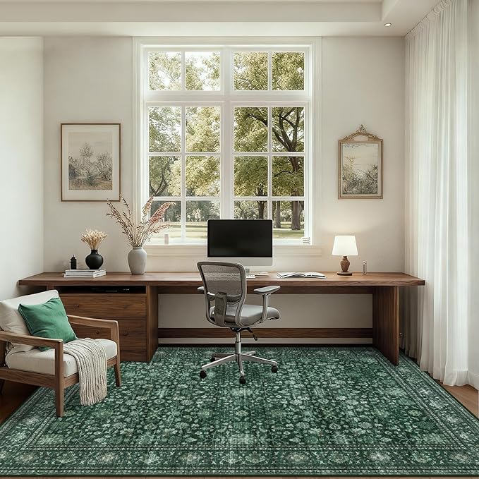 4x6 Area Rugs for Living Room: Washable Rug Soft Vintage Distressed Floral Carpet Indoor Non-Slip Stain Resistant Large Carpets for Bedroom Dining Room Farmhouse Nursery Home Office Deep Green