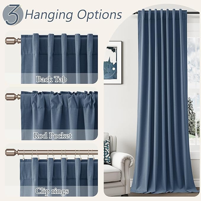 Guken 100% Blackout Curtains 108 Inch Length 2 Panels Set for Living Room Bedroom Back Tab Thermal Insulated Black Out Linen Drapes Room Darkening Window Curtains 108 Inches Long,Denim Blue