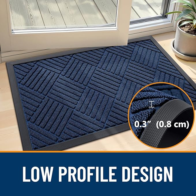 OLANLY Front Door Mat Outside Entrance 59x23, Absorbent, Heavy Duty Sturdy Natural Rubber Doormat Indoor Outdoor, Stain Fade Resistant, Non-Slip Low Profile Floor Mat for Entryway, Navy Blue Diamond