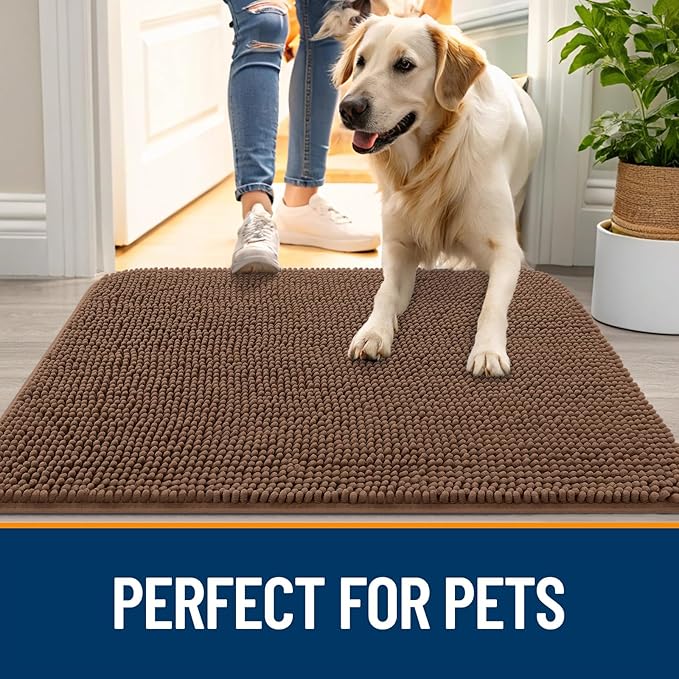 OLANLY Dog Door Mat for Muddy Paws 54x24, Absorbs Moisture and Dirt, Absorbent Non-Slip Washable Doormat, Quick Dry Chenille Mud Mat for Dogs, Entry Indoor Entryway Carpet for Inside Floor, Mocha