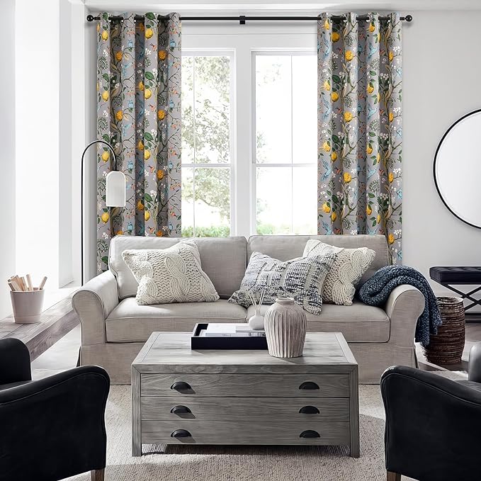 Topfinel Black Dark Floral Grey Blackout Curtains, Gray Decorative French Country Grommet Dark Academia Antique Decor Hummingbird Window Covering for Living Room Bedroom Dining,84 Inch Length