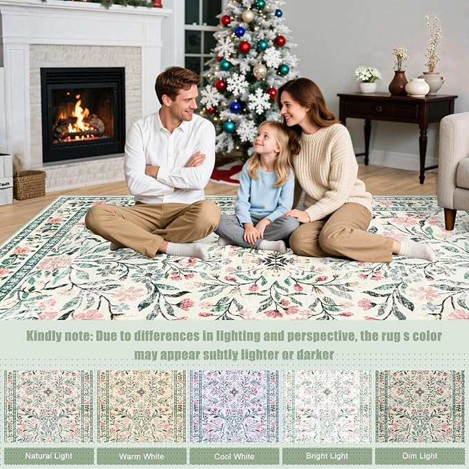 Round Area Rug for Living Room: 4 ft Floral Washable Circle Rug Soft Non-Slip Carpet Indoor Stain Resistant Low Pile Small Circular Rug for Bedroom Entryway Kitchen Nursery Home Office Green Beige
