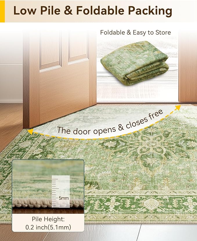 Area Rugs 2'x5' Runner Rug Non Slip Washable for Kitchen Hallway Bedroom Beside Laundry Room Bathroom Rug, Floor Carpet, Sage Green Yellow