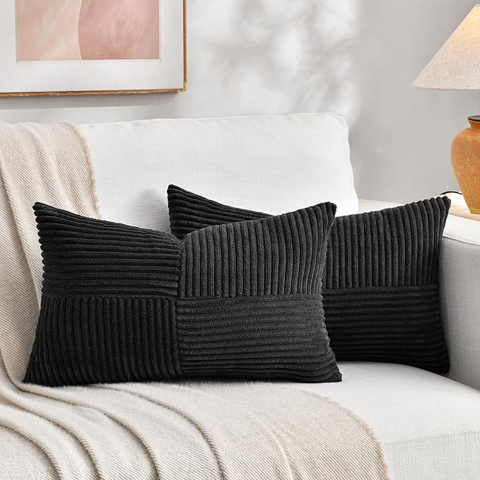 Fancy Homi 2 Packs Black Lumbar Decorative Throw Pillow Covers 20x28 Inch for Living Room Couch Bed Sofa, Rustic Farmhouse Boho Home Decor, Soft Striped Corduroy Rectangle Accent Cushion Case 50x70 cm