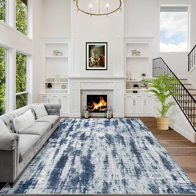 6x9 Area Rugs Washable Rug: Large Modern Abstract Living Room Rug Soft Anti-Skid Thin Carpet Indoor Floor Non-Shedding Carpets for Bedroom Dining Room Farmhouse Nursery Home Office Blue Grey