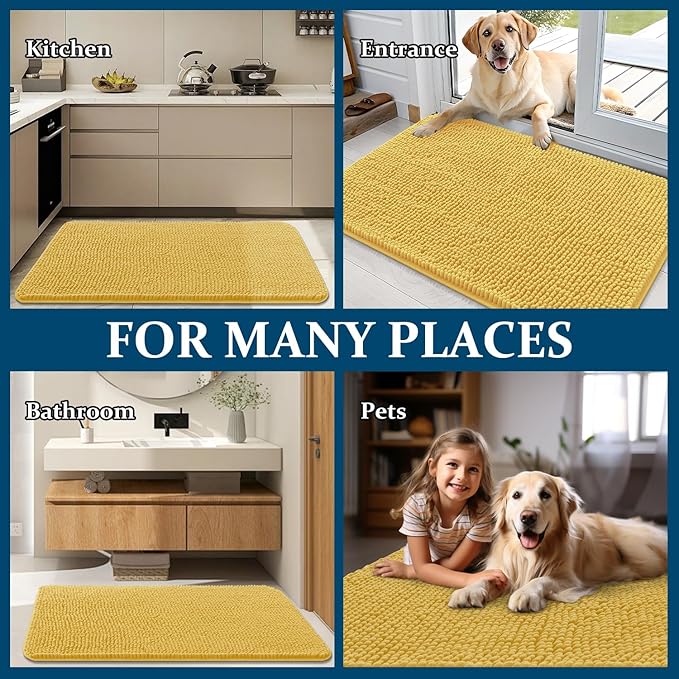 OLANLY Dog Door Mat for Muddy Paws 32x20, Absorbs Moisture and Dirt, Absorbent Non-Slip Washable Doormat, Quick Dry Chenille Mud Mat for Dogs, Entry Indoor Entryway Carpet for Inside Floor, Yellow