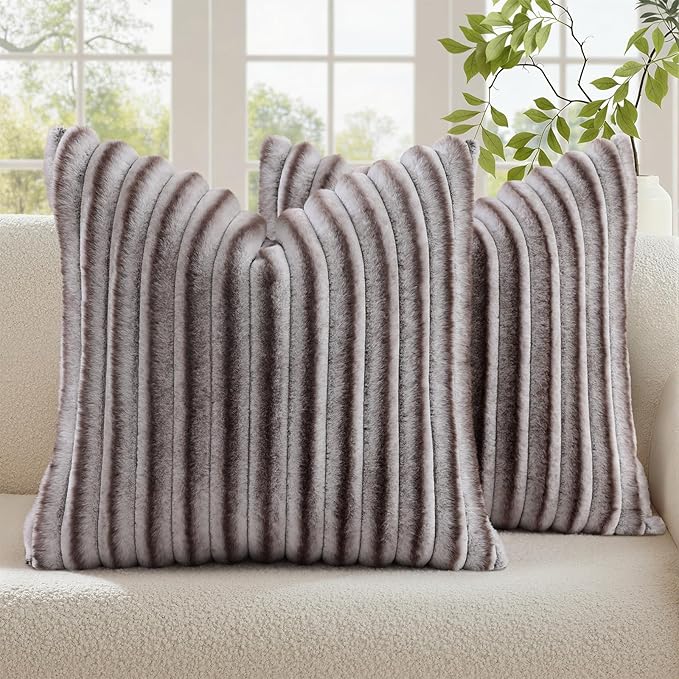 decorUhome Cozy Faux Fur Throw Pillow Covers 24x24 Set of 2 Decorative Soft Plush Striped Modern Farmhouse Boho Couch Euro Sham Pillow Cases with Velvet Back for Sofa Bed Living Room, Brown White