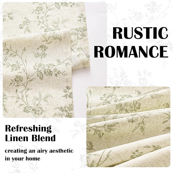 Lazzzy 90 inch Long Curtain for Bedroom Green Floral Linen Drapes for Living Room Farmhouse Country Vintage Light Filtering Curtains Rod Pocket Back Tab, 2 Panels, Green on Beige