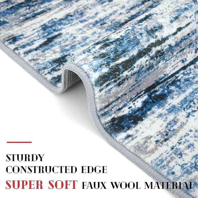 Lansny Modern Abstract Runner Rug 2x12, Grey Blue White Washable Long Kitchen Runner Non-Slip Soft Hallway Rug Runner Thin Print Faux Wool Carpet for Entryway Bedroom Laundry Room Indoor Home Decor
