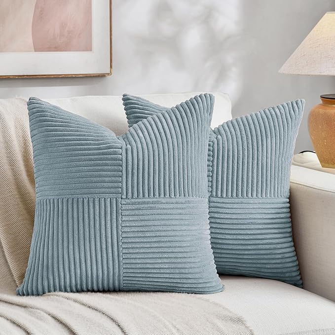 Fancy Homi Set of 2 Light Blue Samll Decorative Throw Pillow Covers 12x12 Inch with for Couch Bed Sofa Living Room, Soft Cross Patchwork Striped Corduroy Coastal Blue Square Cushion Case 30 cm