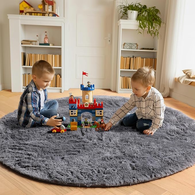 ONASAR Grey Round Rugs 7ft for Living Room, Fluffy Bedroom Circle Area Rug, Soft Plush Shaggy Carpet for Kids Girls Boys Teen Nursery Dorm Classroom Playroom Home Decor Aesthetic
