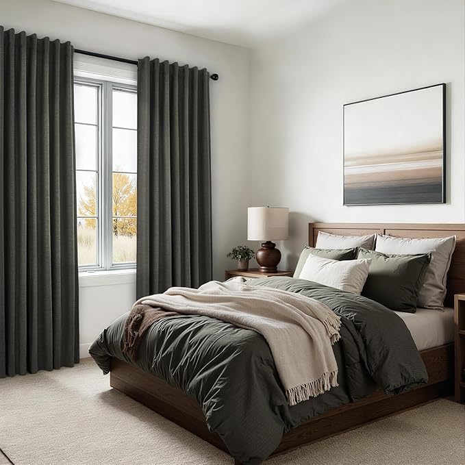 94 Inch Long Gray Blackout Curtains for Bedroom 2 Panels Set Modern Linen Blend Texture Back Tab Pleated Floor to Ceiling Thermal Drapes Hooks Rings Window Drapes Decor (W52 x L94 Charcoal Grey)
