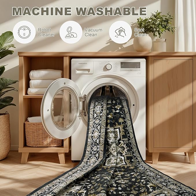 2x3 Area Rugs Living Room Rug: Washable Vintage Boho Medallion Rug No Slip Stain Resistant Soft Carpet Indoor Large Carpets for Bedroom Dining Room Farmhouse Nursery Hallway Home Office Black Gold