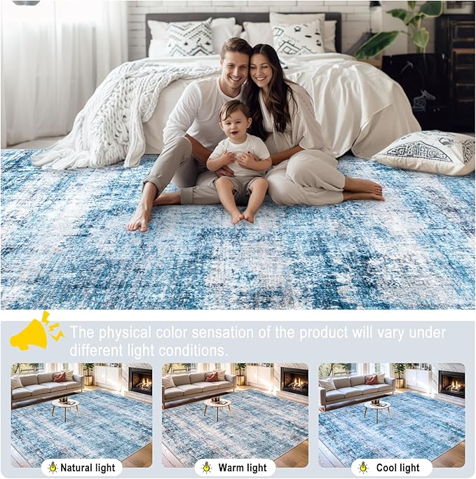 Area Rugs 10x14 Living Room - Washable Rug Modern Abstract Soft Large Neutral Non-Slip Carpet Indoor Floor Thin Carpets for Bedroom Dining Room Farmhouse Nursery Home Office Blue Grey