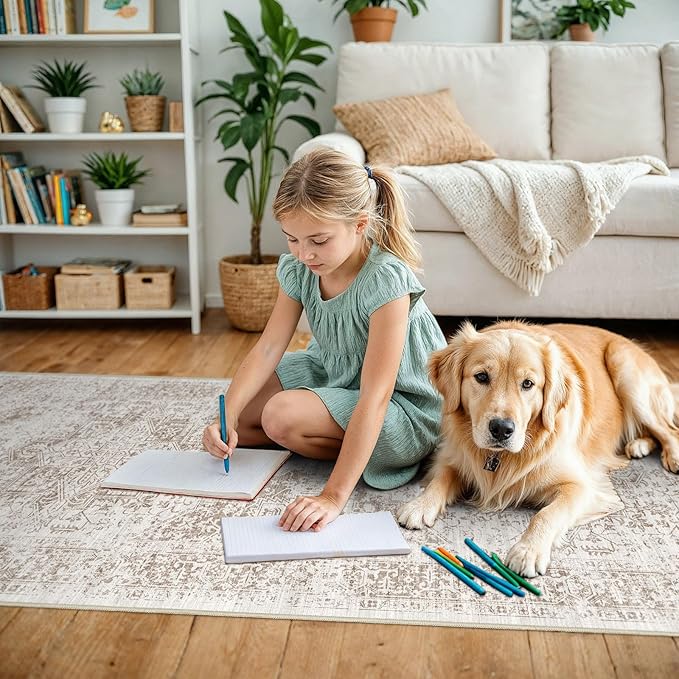 3x14 Washable Hallway Runner Rug - Non Slip Kitchen Runner Rugs with Rubber Backing Vintage Low-Pile Carpet Runners for Entryway Dining Room Laundry Room Home Decor (Cream/Camel)