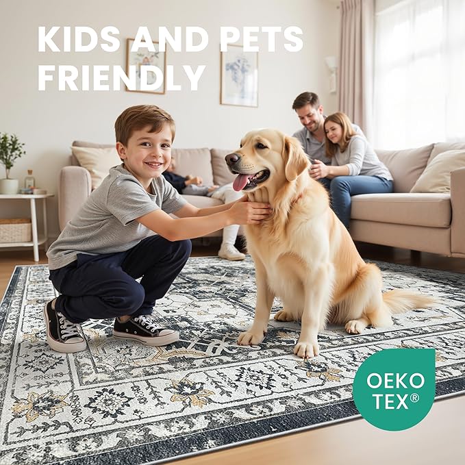 zesthome Washable Rug 6x9 Area Rugs,Stain Resistant Rugs for Living Room,Bedroom,Non-Slip Backing Home Decor Rug, Vintage Medallion Pattern Rugs (Black,6'x9')