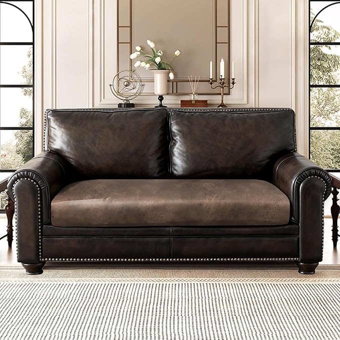 Leather Look Couch Cushion Covers Sofa Seat Slipcovers Sets Couches Furniture Protector for Sectional Armchair Loveseat Pets Kids Stretch Spandex Fabric (1 Cushion Loveseat, Light Brown)