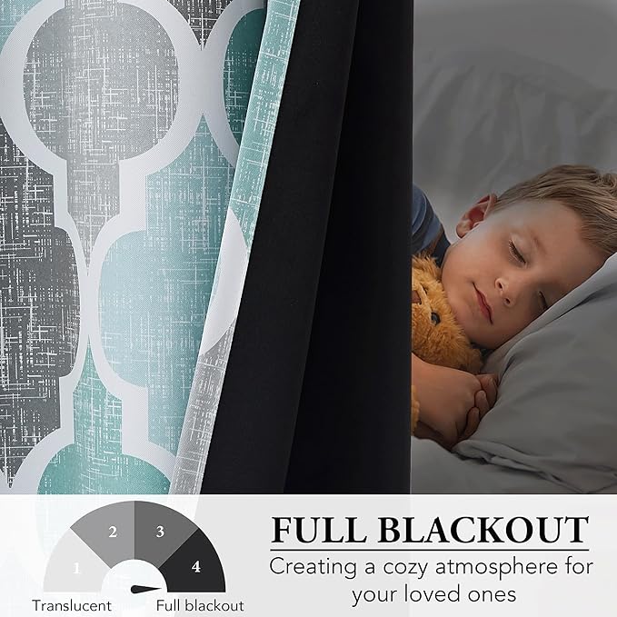 Beauoop 100% Blackout Curtains 84 Inches Long 2 Panels for Bedroom Living Room Aqua Grey Moroccan Geo Room Darkening Thermal Insulated Soundproof Rod Pocket Back Tab Window Treatments Drapes, 50x84