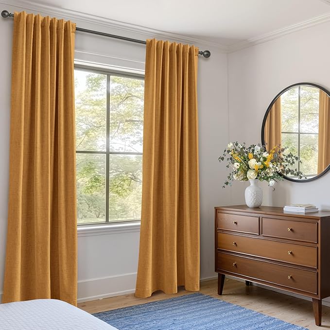 100% Blackout Shield Linen Blackout Curtains for Bedroom 90 Inches Long,Back Tab/Rod Pocket Living Room Drapes,Thermal Insulated Textured Blackout Curtains 2 Panels Set,50" W x 90" L,Mustard Yellow